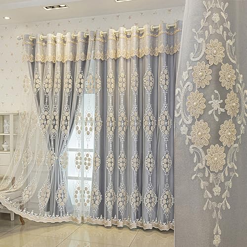 Amidoudou 1 Pair European Double Layer Curtains with Valance for Living Room Bedroom 3D Flower Embroidered Curtains (Grey,51x102 Inch)