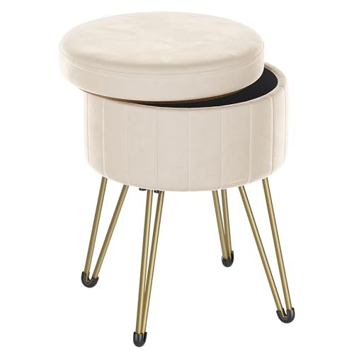 SONGMICS Storage Ottoman, Velvet Dressing Table Stool, 39 x 44.4 cm (Dia. x H), Round Storage Stool Seat, 4 Metal Legs, for Dressing Room, Living Room, Bedroom, Cream White LOM003W51