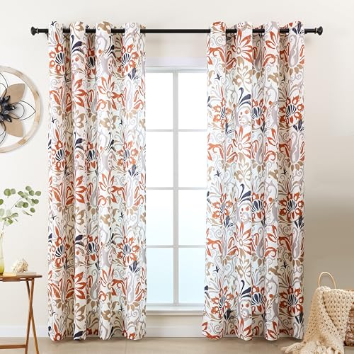 L.Z.E Privacy Boho Curtains 96 Inches Long 2 Panels Set Orange Brown Light Filtering Non-See-Through Curtains & Drapes for Living Room Bedroom Nursery Grommet Top Botanical & Floral Pattern