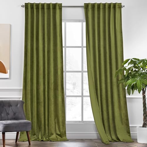 KGORGE Velvet Curtains Olive Green Blackout 90 inches 2 Panels for Bedroom - Soft Darkening Thermal Insulating Window Drapes for Living Room Home Office Dining Room, Back Tab Rod Pocket, W 52 x L 90