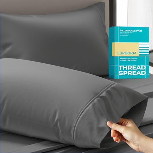 THREAD SPREAD Pillow Cases King Size Set of 2-800 Thread Count 100% Egyptian Cotton Pillow Cases King Size, Silky Soft, Sateen Weave Luxury Hotel Bed Pillow Covers for Sleeping - Dark Grey