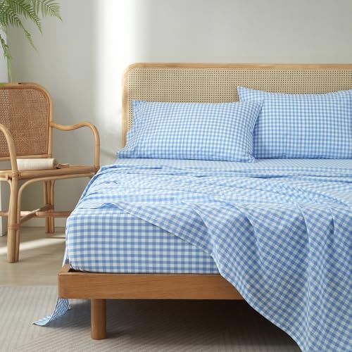 Blue Gingham Sheets Set Twin XL, 100% Washed Cotton Blue Plaid Twin XL Bed Sheets, Breathable Comfy Vintage Checkered Grid Sheets Set, Farmhouse Gingham Plaid Bedding Sheets with 16??? Deep Pocket