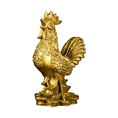 Brass Auspicious Rooster Statue w/Ingots Wealth Feng Shui Decorative Home Accessories Sculpture Home Office Chinese Zodiac Ornament Business Gift Collection PTZY045