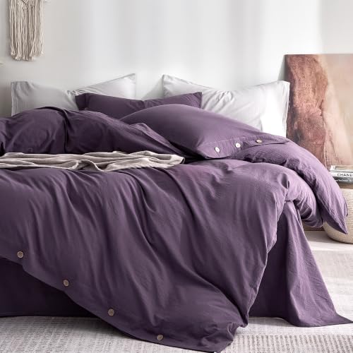 "JELLYMONI 100% Washed Cotton Duvet Cover Twin ??? Soft, Breathable Linen-Look Bedding with Natural Wrinkle Texture, Button Closure, 2-Piece Set (Iris Purple, 68""x90"")"