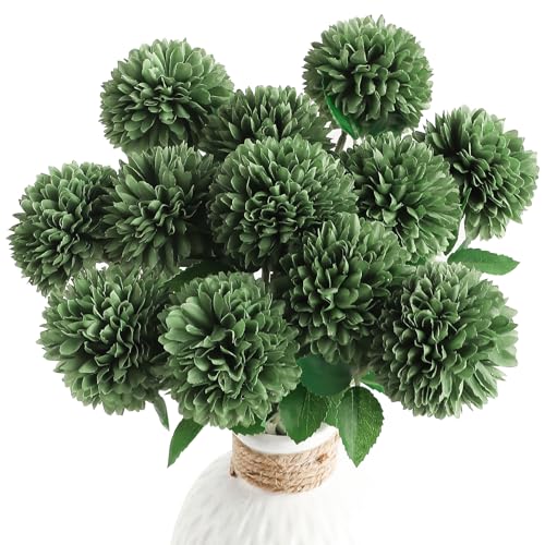 Floroom 12pcs Emerald Green Faux Silk Mums Artificial Flowers Bulk Fake Chrysanthemums with Stems for DIY Wedding Bouquets Table Centerpieces Floral Arrangements Fillers Home Decorations