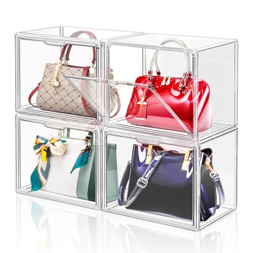 DILIBRA 4 Packs Clear Plastic Handbag Storage Organizer for Closet - Acrylic Display Case for Purse and Handbag, Stackable Storage Boxes Bag Organizer with Magnetic Door for Purse Clutch Wallet
