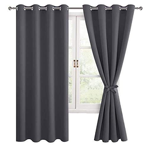 Hiasan Blackout Curtains for Bedroom, 52 x 63 Inches Length - Thermal Insulated & Light Blocking Window Curtains for Living Room/Kids Room, 2 Drape Panels Sewn with Tiebacks, Dark Grey