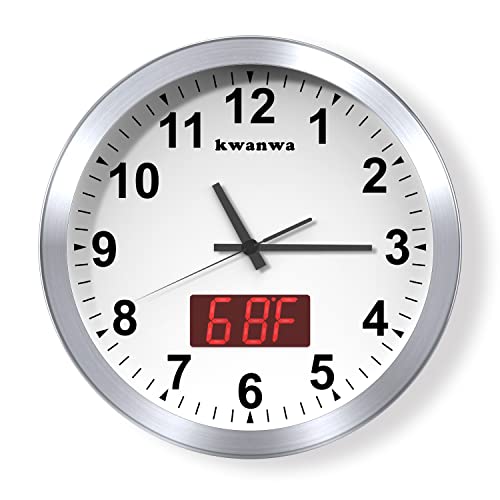 "Wall Clock, 12"" Metal Quartz LED Wall Clock, 1.4'' Light Sensor Auto Digital LED Time Display or Temperature, Adjustable Brightness, Battery Operated, Non Ticking Silent Quiet Sweep Second Hand"