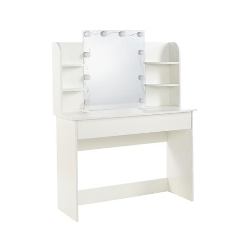 Dressing Dresser Table Desk with LED Lights with Drawers and Open Shelves - Modern Cosmetic Makeup Table, Spacious Womens Bedroom Furniture - 108cm x 40cm x 135cm