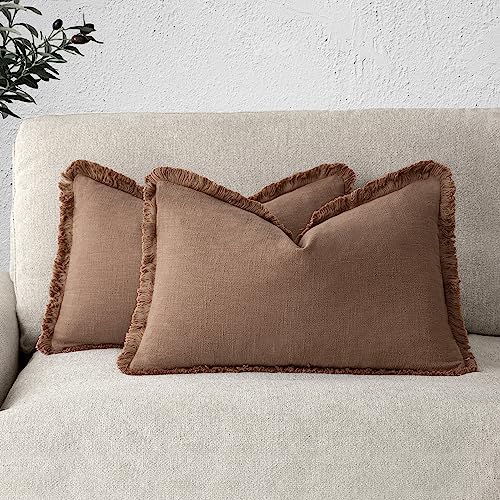 Foindtower Set of 2 Decorative Linen Fringe Lumbar Throw Pillow Covers Boho Farmhouse Cushion Cover with Tassels Soft Cozy Accent Pillowcase for Chair Sofa Couch Living Room Home Decor,12×20 Inch,Rust