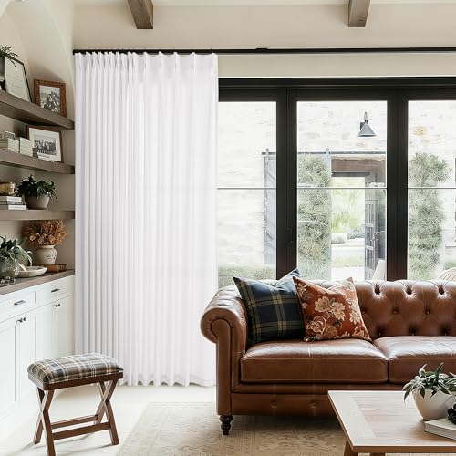Extra Wide Pleated 96 Inch Long Linen Curtains 100 Inches Wide for Living Room Divider Light Filtering Semi Sheer Pinch Pleat White Curtains for Floor to Ceiling Patio Sliding Door 96 Inch Length