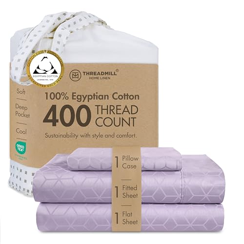 "Threadmill Egyptian Cotton Twin Sheet Set - 100% Certified Egyptian Cotton Sheets for Twin Size Bed - Damask Jacquard Twin Bed Sheets Set 15"" Deep Pocket - Soft 3 Piece Cooling Sheet Set - Lilac"