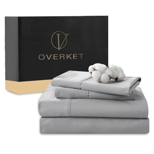 Overket 100% Egyptian Cotton Sheets King Size 4PCS 1000 Thread Count Sateen Weave Soft Breathable 16-Inch Deep Pocket ???King,Grey???