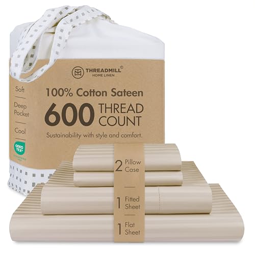 "Threadmill 600TC Cotton King Sheet Set, Sateen, Damask Stripe, Beige - 100% Cotton, Sateen Weave, Damask Stripe Pattern, 4-Piece Set, 16"" Deep Pocket, Cooling, OEKO-TEX Certified, Machine Washable"