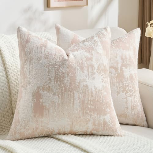 FUTEI Pack of 2 Faux Cashmere Throw Pillow Covers 24x24 Inch, Pink White - Marble Pattern Jacquard Design On Both Sides,Hidden Zipper,Machine Washable,Pill-Resistant,Colorfast,Insert Not Included.