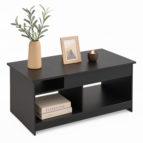 Relaxdays lift-up coffee table, HWD: 50x110x50 cm, living room table with storage and extra space, black