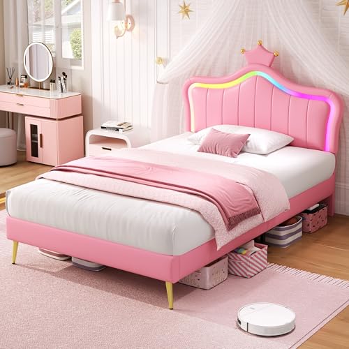 Ball & Cast 3ft Single Upholstered Bed with LED Adjustable Crown Shape Headboard, PU Leather Bed Frame with Solid Wood Slat, No Box Spring Needed, Easy Assembly, Pink (No Mattress)