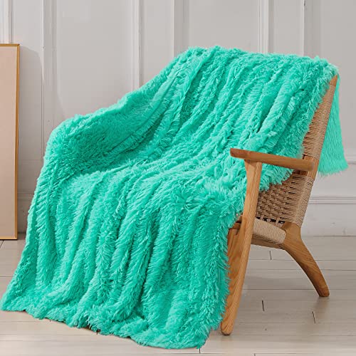 "Tuddrom Decorative Extra Soft Faux Fur Throw Blanket 50""x60"",Solid Reversible Fuzzy Lightweight Long Hair Shaggy Blanket,Fluffy Cozy Plush Fleece Comfy Microfiber Blanket for Couch Sofa Bed,Teal Blue"