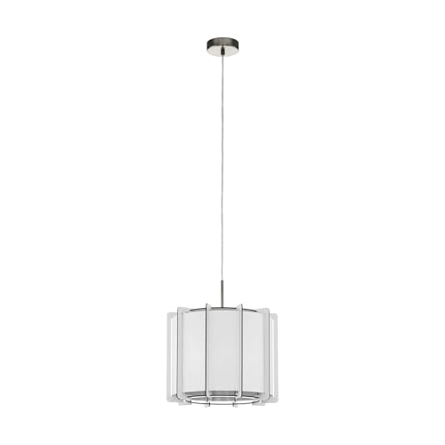 EGLO Pineta Pendant Light 1 Bulb Modern Hanging Lamp Made of Steel, Wood and Textile in Nickel Matt White, Silver, Dining Table Lamp, Living Room Lamp Hanging with E27 Socket, Diameter 33 cm