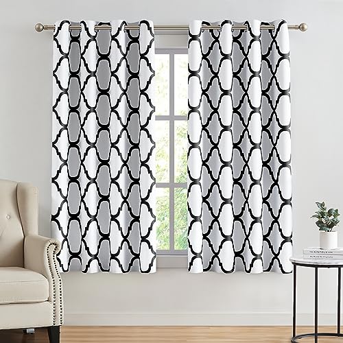 Melodieux Moroccan Printed Room Darkening Blackout Grommet Curtains for Bedroom Living Room Small Windows, 52 by 45 Inch, Off White/Black (2 Panels)