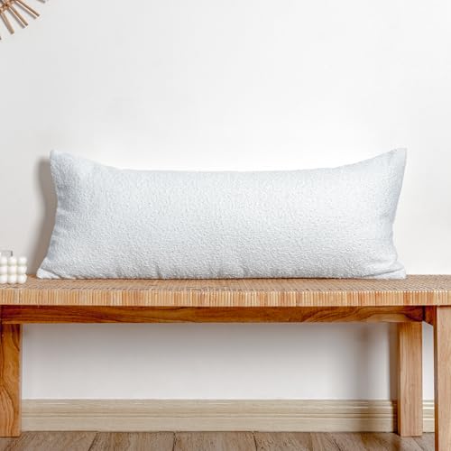 JoraLion Boucle Lumbar Pillow Cover 14x36 inch, White Textured Throw Pillow Cover Cushion Case for Sofa Bed Couch Living Room, Pack of 1 (Cover Only)