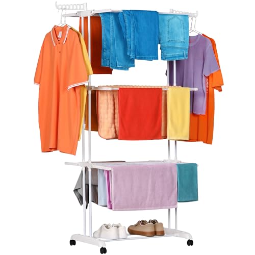 NK Folding Upright Clothesline with 4 Levels ??? 6 Retractable Trays + 2 Side Wings with Stand Hangers + Shoe Rack, 360?? Wheels (19 m Clothes) (White)