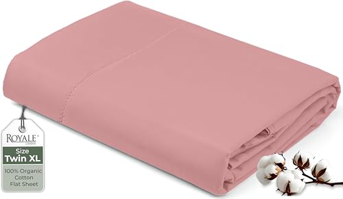"Royale Linens 100% Organic Cotton Twin XL Flat Sheet Only - Super Soft - Percale Top Sheets - Twin XL Flat Sheet Sold Separately - Cool & Crisp Pink Sheets Only (66"" x 102"", Pink)"