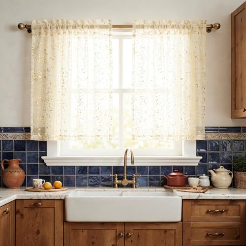 "Horaldaily Beige Sheer Curtains for Living Room and Bedroom,Gold Sequin Glitter Metallic Foil, Scenery Light Filtering Window Curtains, 52"" W x 36"" L, Set of 2 Curtain Panels"