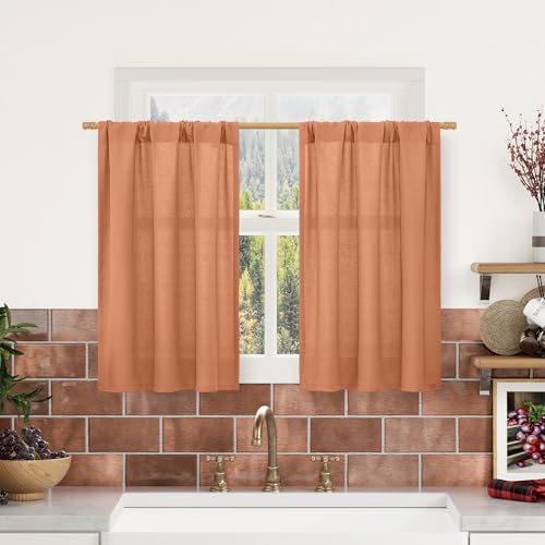 LAMIT Terracotta Linen Curtains 30 Inch Length for Small Window, Rod Pocket Linen Textured Light Filtering Drapes Boho Neutral Basement Window Panels for Bathroom, 2 Panels, 29 x 30 Inch
