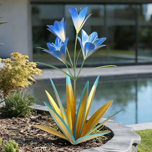 TOMBABY 32.28 Inch Metal Agave Plant Outdoor Decoration Lily Mexican Yard Art Garden Gift Home Decor Hand Painted Metal Agave Garden Yard Statue (1, Blue)