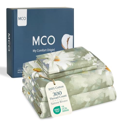 "MCO 100% Cotton Sheet Set Floral Printed, 300 Thread Count Cotton Queen Sheet Set, 16"" Deep Pocket, Breathable Cooling Sheets 4 Pieces (Queen, Daisy Light Green)"