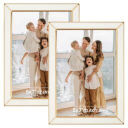 Frametory Enamel Picture Frame - 5x7 Gold Metal Edge White Enamel Picture Frame With Easel and Velvet Back for Tabletop Display, Bookshelf, 5x7 Wall Decoration, Photo Frames-2 Set