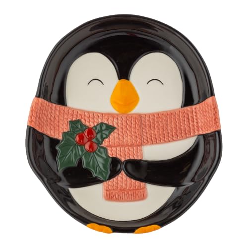 Price & Kensington Penguin Ceramic Christmas Plate - Charming hand-painted ceramic penguin plate with mistletoe and scarf detail, perfect for Christmas gifting