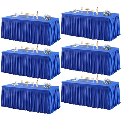 6 Pack Royal Blue Tablecloths for Rectangle Tables 6ft, Wrinkle Resistant Spandex Table Cover Fitted Stretch Table Cloth with Pleated Ruffle Skirts for Party Banquet Dining Birthday Wedding