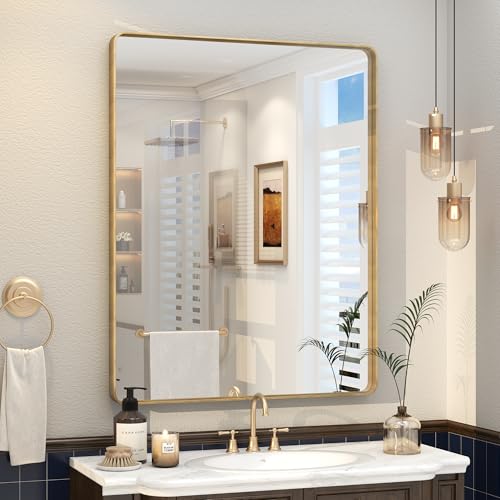 VANLIO 28x36 Gold Framed Bathroom Mirror for Wall - Brushed Gold Metal Frame, Rounded Rectangle Vanity Mirror, Anti-Rust, Shatterproof, Hangs Horizontally or Vertically