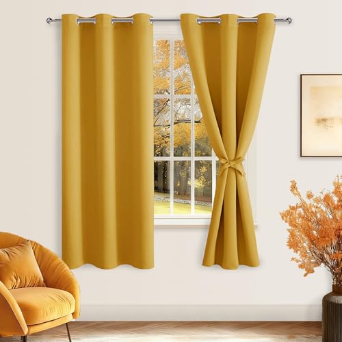 Hiasan Blackout Curtains for Bedroom and Living Room, Light Blocking, Noise Reducing Window Curtain Panels, Tiebacks Included, Set of 2, Grommet Top (Mustard Yellow, Width 42 Inch x Length 72 Inch)
