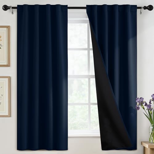 SimpleHome 100% Blackout 63 Inch Navy Blue Curtains for Living Room - Curtains for Bedroom,Rod Pocket and Back Tab Window Drapes,Room Darkening Curtains with Black Back,40 x 63 Inch,2 Panels