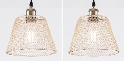 HARPER LIVING Pendant Ceiling Light Shade, Easy Fit Compact Vintage Lamp Shades, Gold Wire Mesh Basket, Metal Lampshades for Bedroom Ceiling Light Pendant (Gold) (Pack of 2)