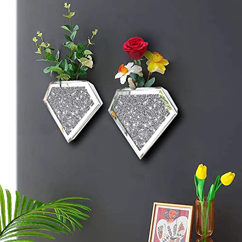 XIHACTY Flower Vase Crushed Diamond Hanging Planter& Geometric Decor Mirrored Container,Set of 2 Diamond Shape Decorative Vases Luxury for Home Decor. Befit for Artificial Flowers, Can't Hold Water.