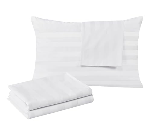 100% Egyptian Cotton Standard Pillow Protectors Set of 4, 400 Thread Count Sateen Weave White Cooling Pillowcase, Easy Care Zippered Style Pillow Covers (4 Pack, Stripe-White, Standard)