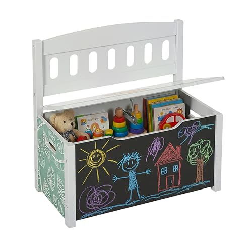Relaxdays Children's Storage Bench with Blackboard, Lion Motif, Backrest, Toy Box, 55.5x57x30 cm, Colorful