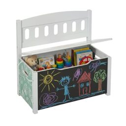Relaxdays Children's Storage Bench with Blackboard, Lion Motif, Backrest, Toy Box, 55.5x57x30 cm, Colorful