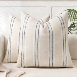 AELS 20x20 Decorative Farmhouse Linen Throw Pillow Covers, Boho Textured Pillow Case, Set of 2,Beige with White & Navy Blue Stitch Yarn Dyed Stripe Cushion Cover for Sofa Couch Living Room(Cover ONLY)