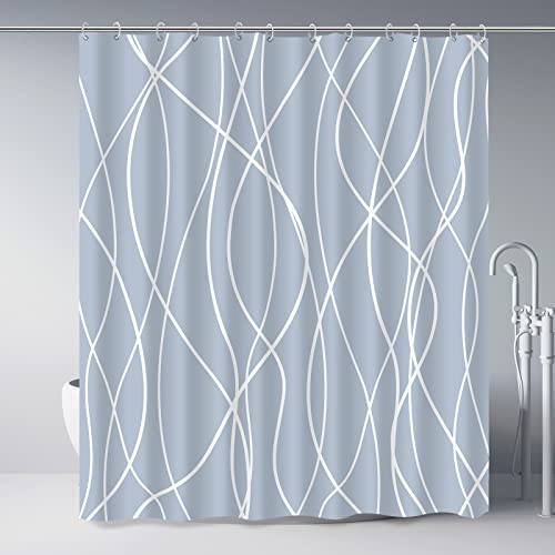 "Punkray Striped Shower Curtain with Hooks, Weighted Hem Shower Curtains Water Repellent Machine Washable, Light Blue, 72"" W x 72"" L"