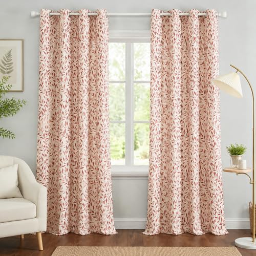 VOGOL Leaves Printed Curtains for Living Room, 52 x 96, 1 Panel, Red - Soft Natural Light, Natural Botanical Leaf Design, Grommet Top, Drapes for Dining Room and Bedroom Windows