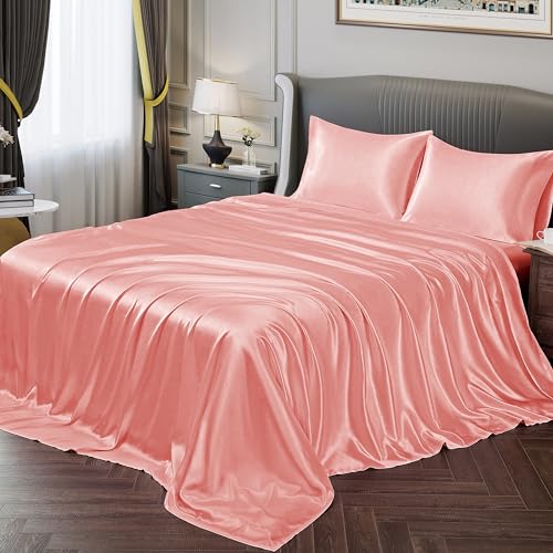 Vonty Queen Size Satin Sheet Set, Blush Pink, 1 Deep Pocket Fitted Sheet + 1 Flat Sheet + 2 Pillowcases