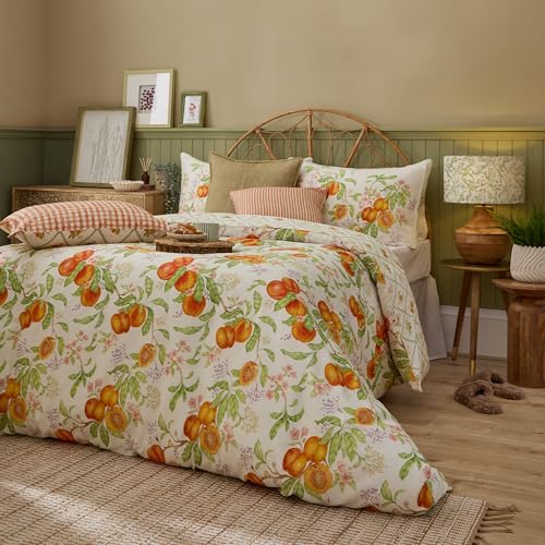 Voyage Maison Peach Harvest Cotton Duvet Cover Set (Orange - Super King) - Painterly blossoms, berries and peaches bring soft botanical colour and artistic country character