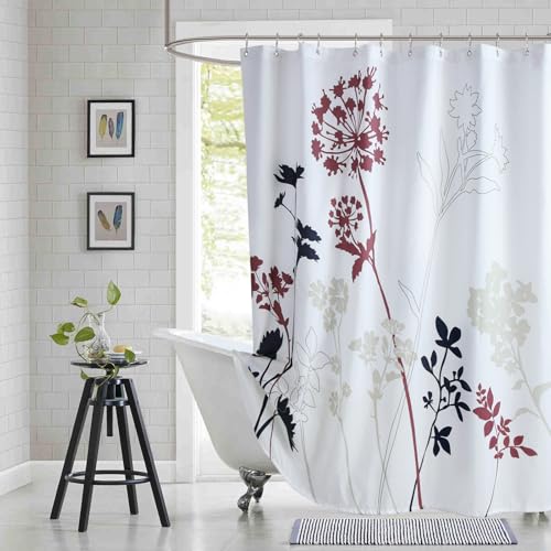 "BESTRIPES Long Fabric Shower Curtain, Burgundy and Navy Floral Plant Shower Curtains for Bathroom, Modern Decorative Bathroom Curtains, 78"" W x 78"" H"