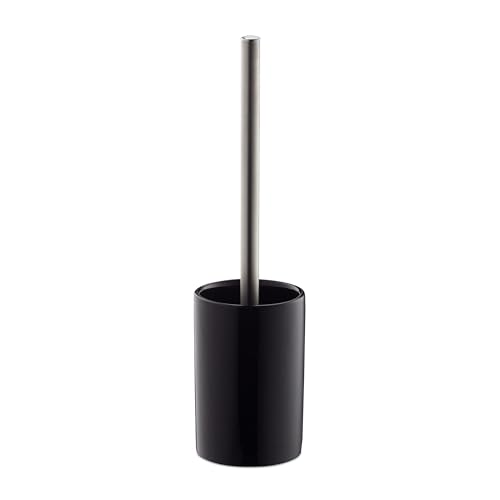 Relaxdays Ceramic WC Accessory Set, Toilet Brush with Round Holder, Exchangeable Brush Head, 36 cm, Black