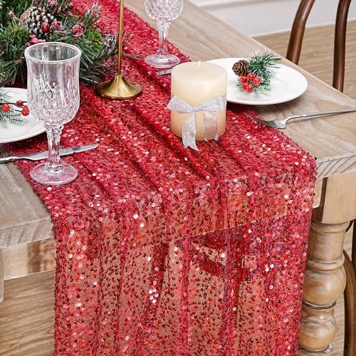 "Sequin Table Runner 25""x120"" Red Table Runner Sparkly Iridescent Fabric for Black Wedding Christmas Holiday Home Party Decorations"